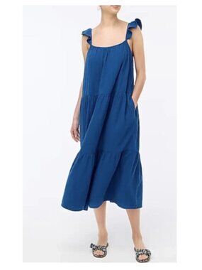 J. Crew Blue Tiered A-Line Cotton Gauze Midi Dress Sz XL Pockets 100% Cotton NWT
